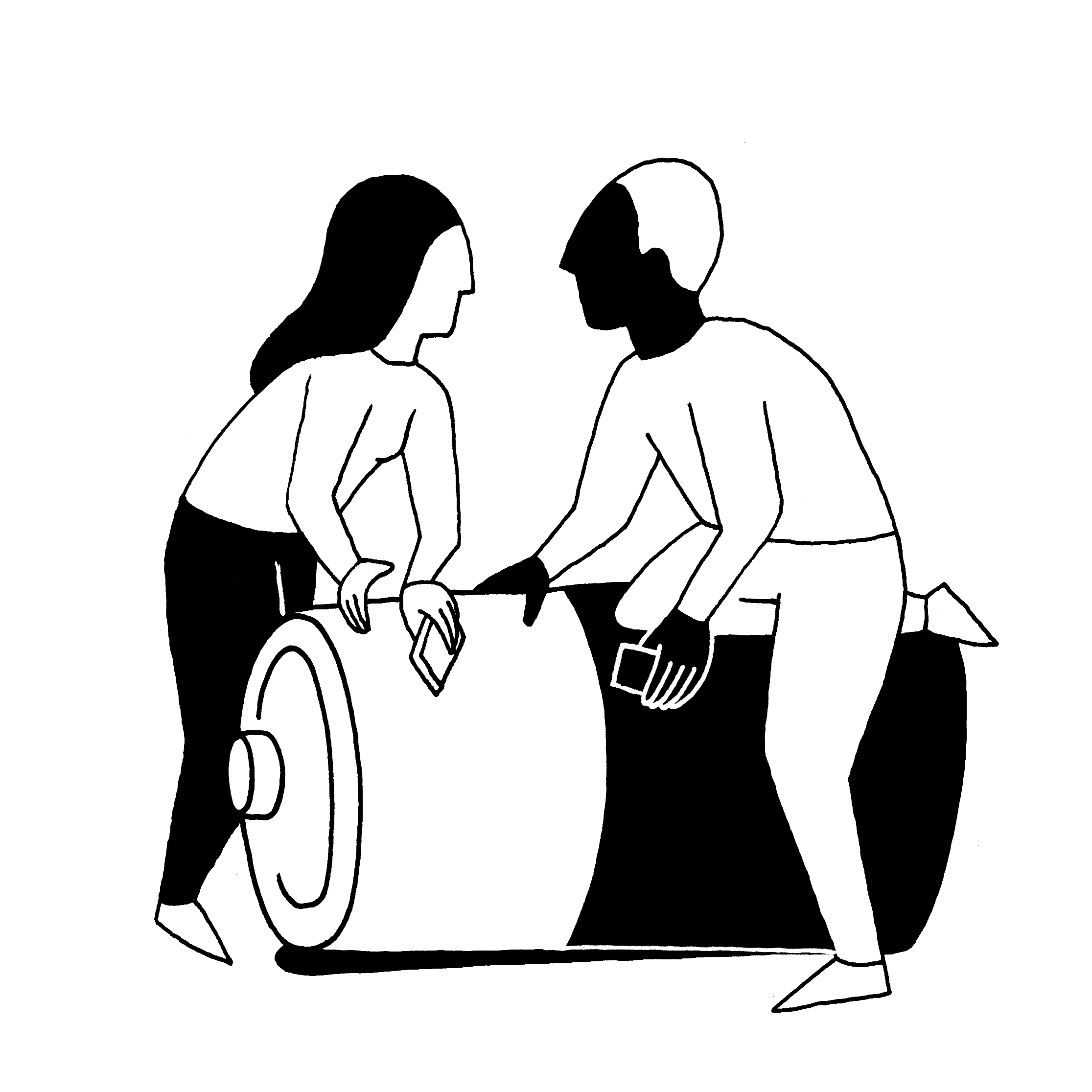 Illustration einer Frau und eines Mannes, die auf einer Batterie sitzen und ihr Handy in der Hand halten