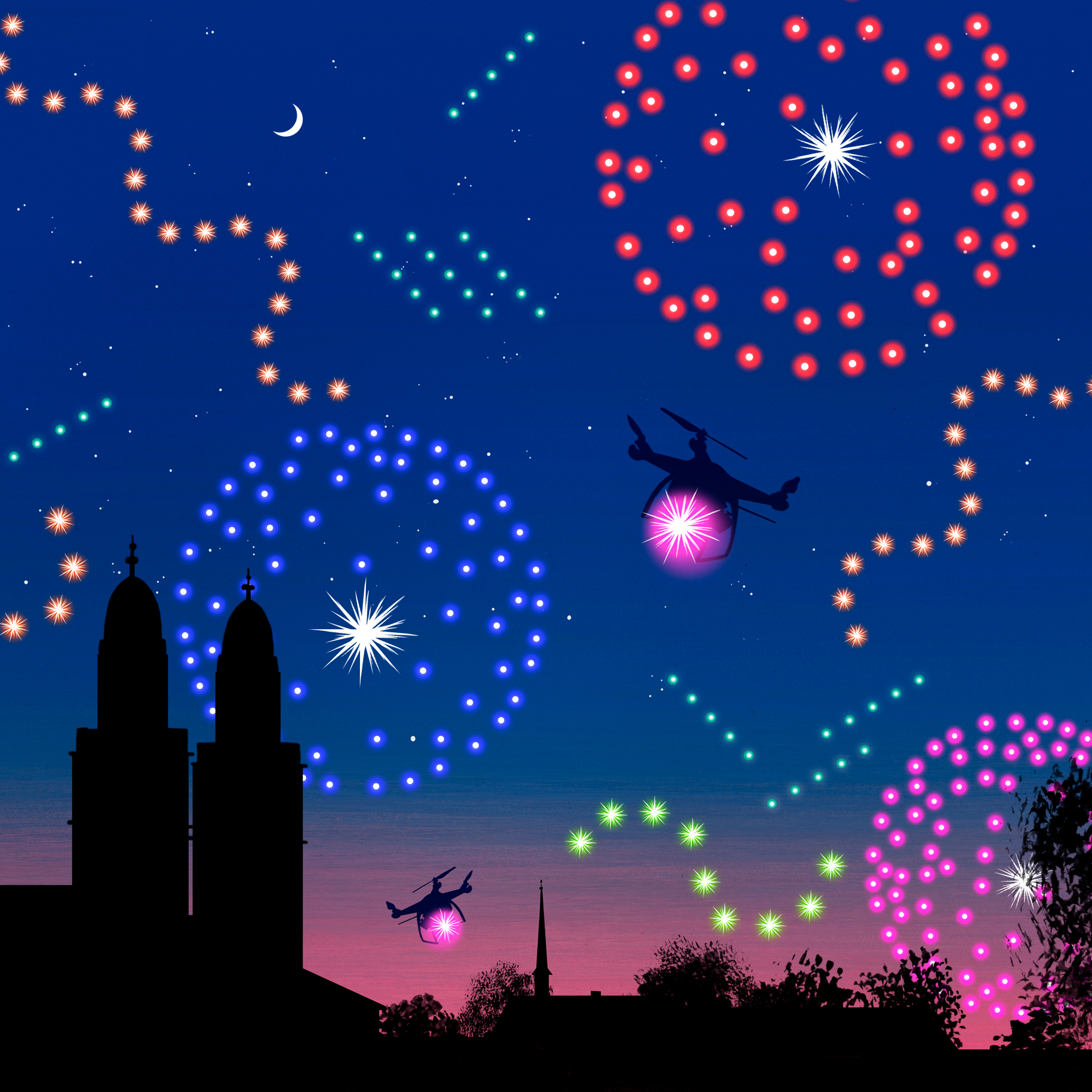 Illustration von fliegenden Drohnen und Feuerwerk über der Stadt Zürich