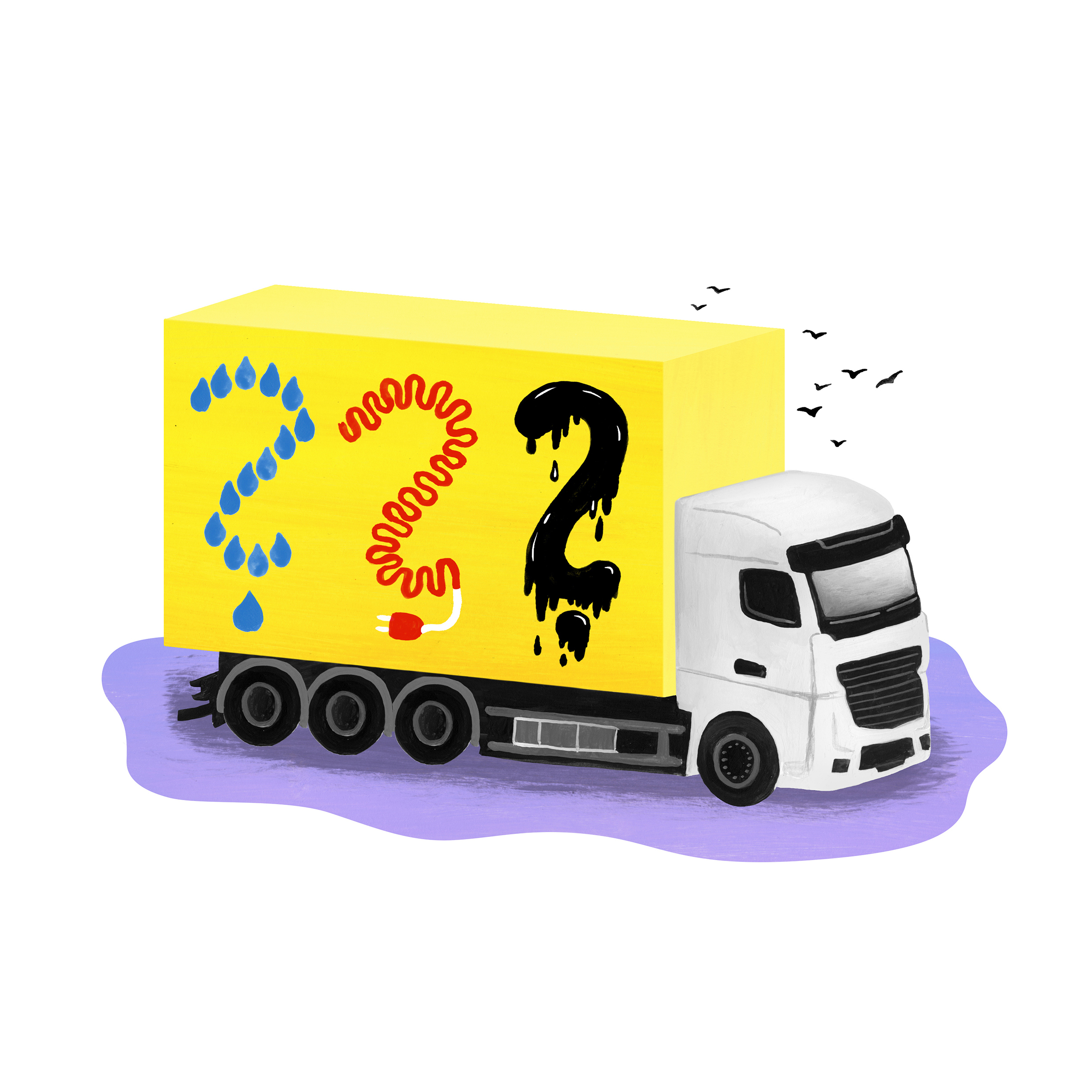 Symbol für Wasserstoff, Elektromobilität und fossile Antriebe mit Benzin oder Diesel: Ein Lastwagen mit drei Fragezeichen auf dem Anhänger.