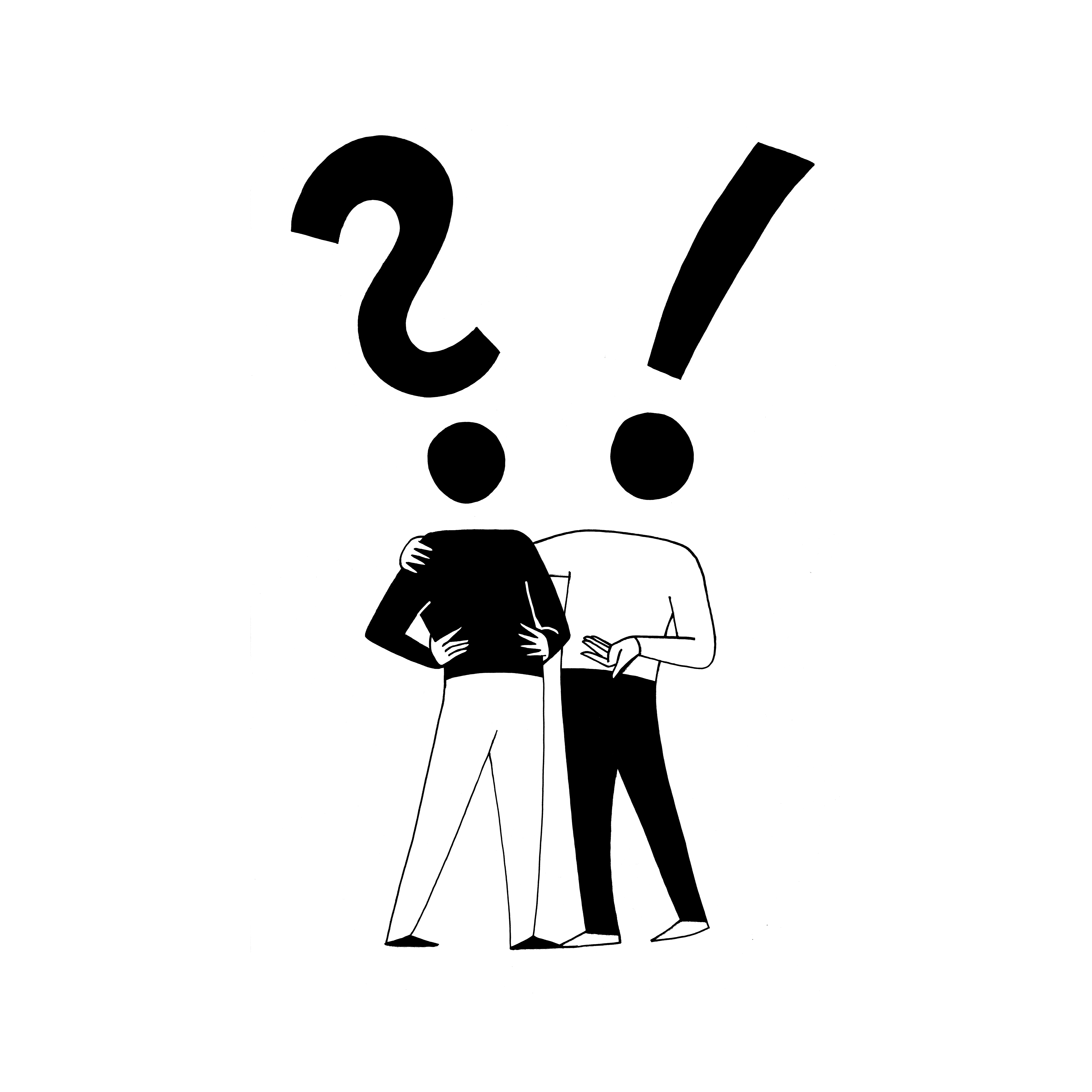 Illustration von zwei menschlichen Figuren, wobei über dem Kopf der einen ein Fragezeichen schwebt und über dem der anderen ein Ausrufezeichen.