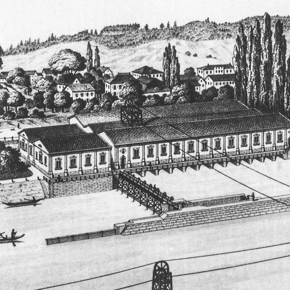 Das Wasserwerk Letten mit Transmissionen für die mechanische Kraftübertragung.