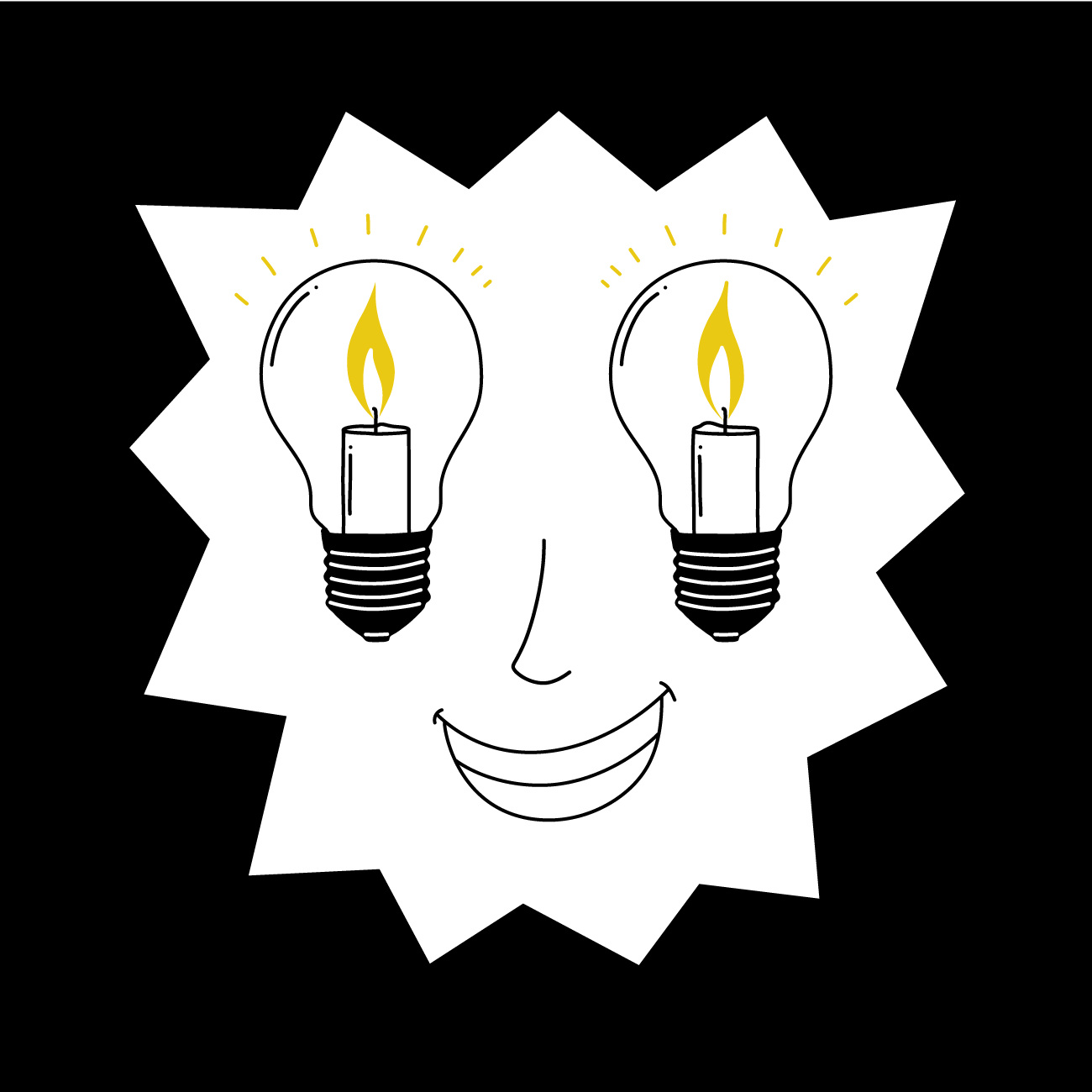 Illustration von einem abstrakten Gesicht, das als Augen Glühbirnen hat, in denen Kerzen brennen.