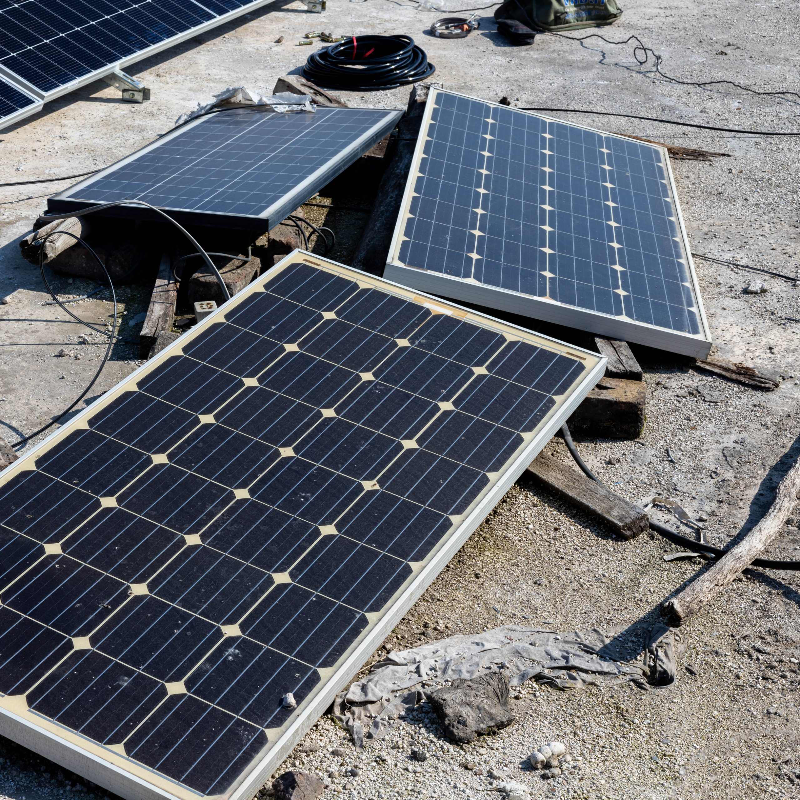 Ausgediente Solarpanels liegen auf dem Boden