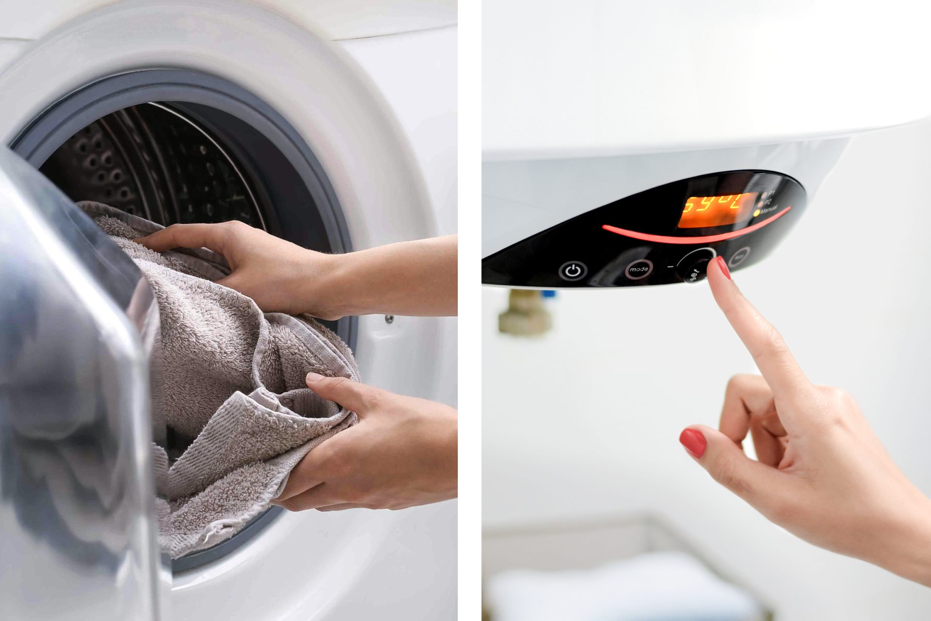 Wäsche in der Waschmaschine und Boiler als typische Stromfresser im Haushalt und große Stromverbraucher.