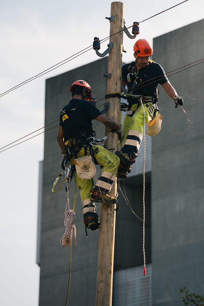 ewz-Mitarbeiter bei Arbeiten am Strommast in Zürich – Sicherstellung der zuverlässigen Stromversorgung Zürich und schnelle Behebung von Stromausfall durch fachgerechte Wartung.
